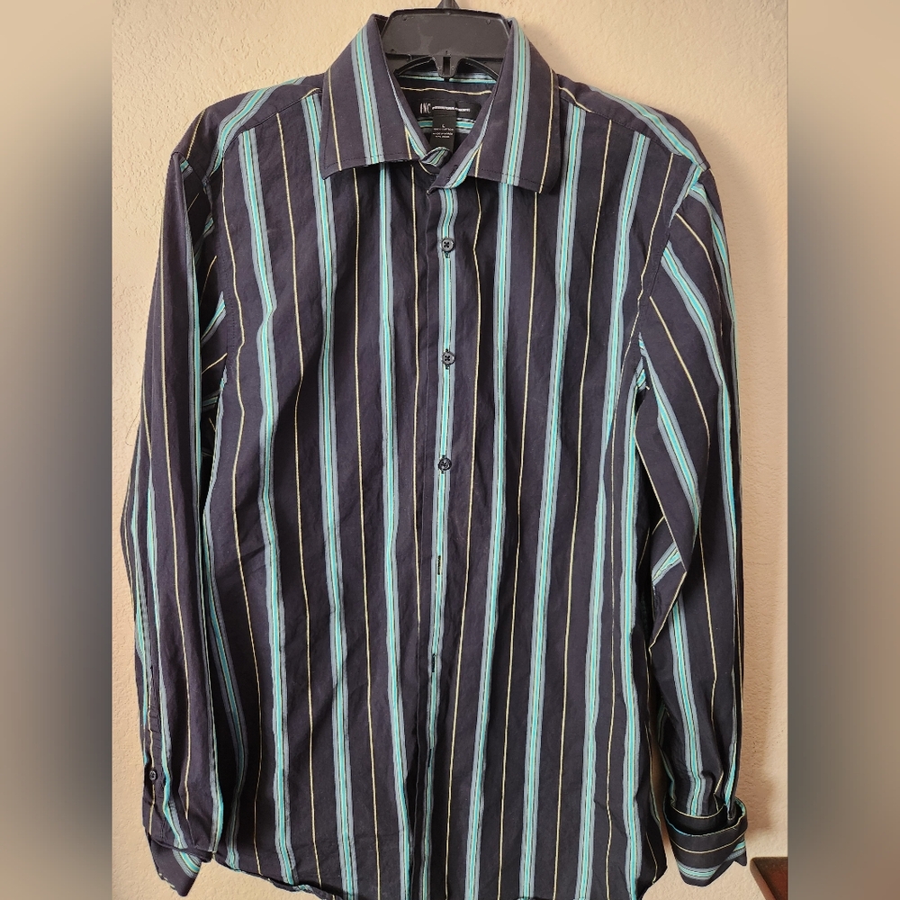 INC International Concepts Black and Blue Striped Casual Shirt